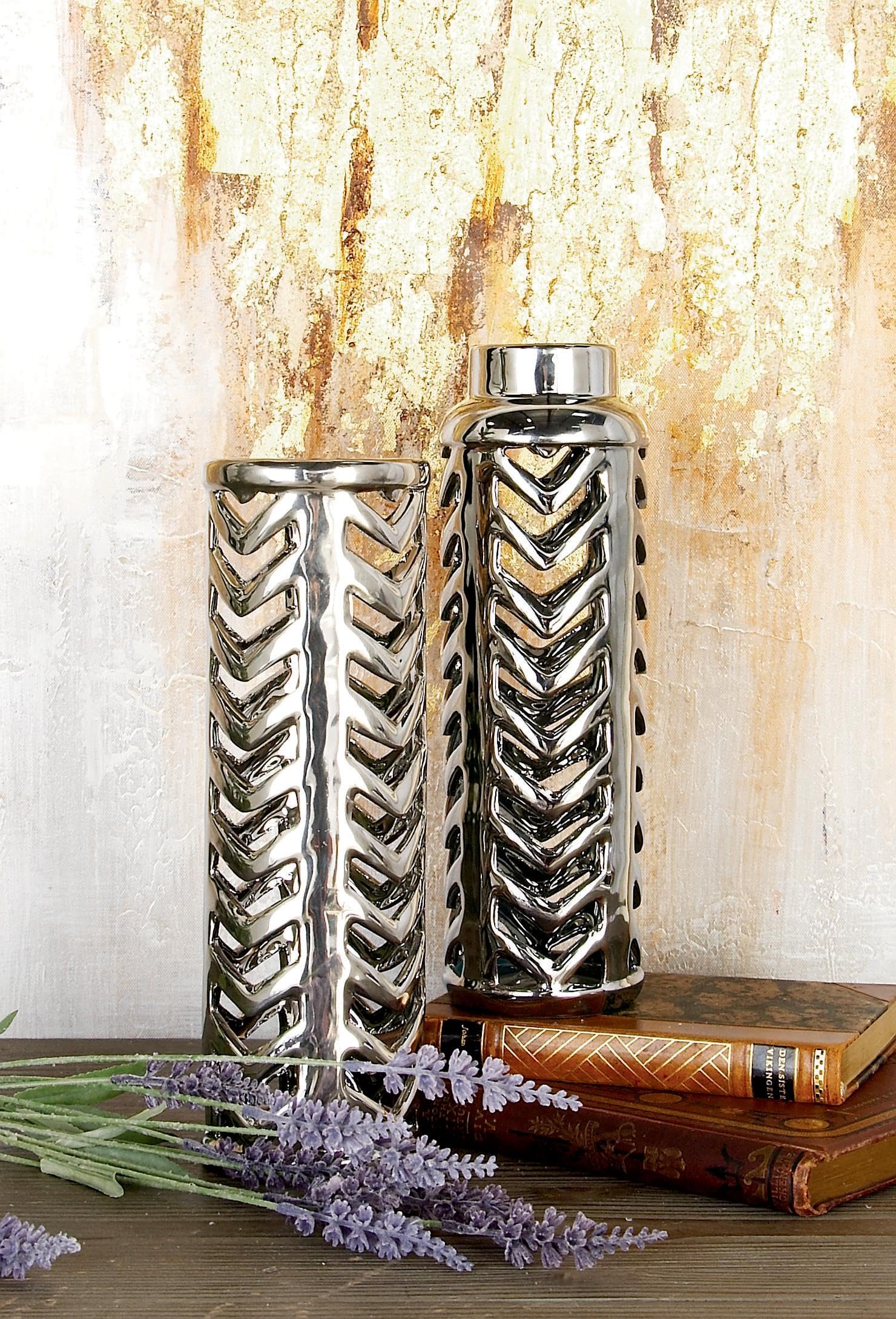 Amazon.co.jp: Deco 79 セラミック花瓶 シェブロン柄 2個セット 幅4